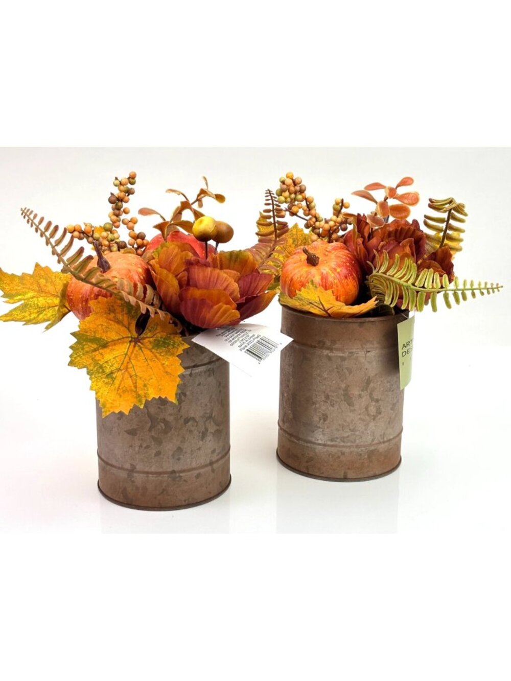 Lot of 2 Fall Harvest Floral Arrangement Rustic Tin Pumpkin Centerpiece NWT 10"